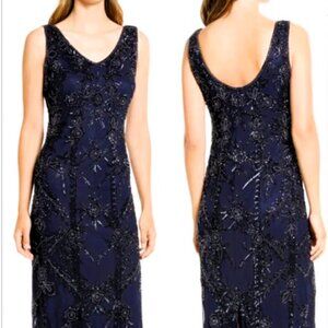 Pisarro Nights Beaded Mesh Column Gown, NWT - New With Tags, Size 6 in Navy